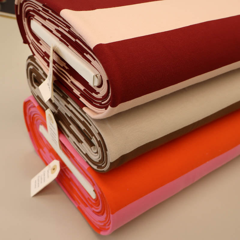 95% Cotton 5% Elastane Striped French Terry Fabrics in brown /beige, burgundy/pink and red/pink