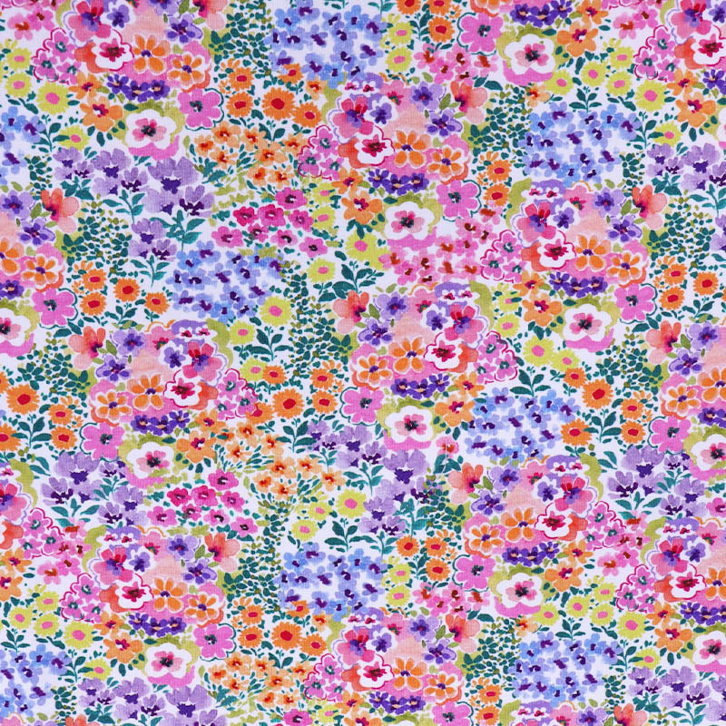 95% Cotton 5% Elastane
Multi Coloured Floral Jersey Fabric in pink, purple, blue, orange and yellow on white 