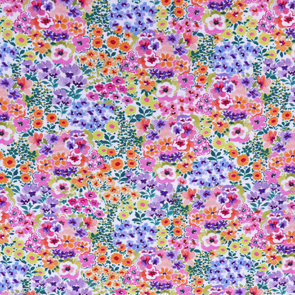 95% Cotton 5% Elastane
Multi Coloured Floral Jersey Fabric in pink, purple, blue, orange and yellow on white 