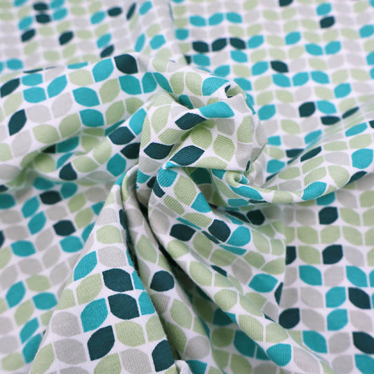 96% Cotton 4% Elastane Cotton Jersey Fabric - Green, Blue and Grey Geometric Print