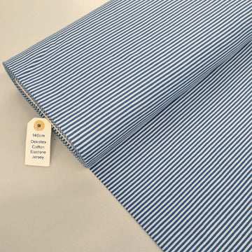 95% Cotton 5% Elastane Tricot Jersey Fabric - Narrow Blue Stripe