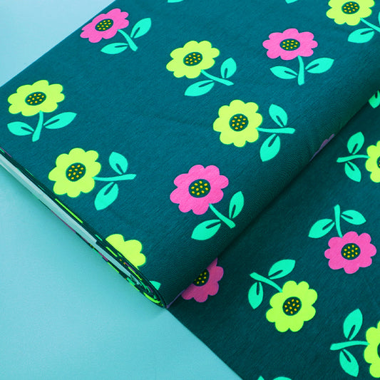 95% Cotton 5% Elastane Dark Green Jersey Fabric - Yellow and Pink Flowers