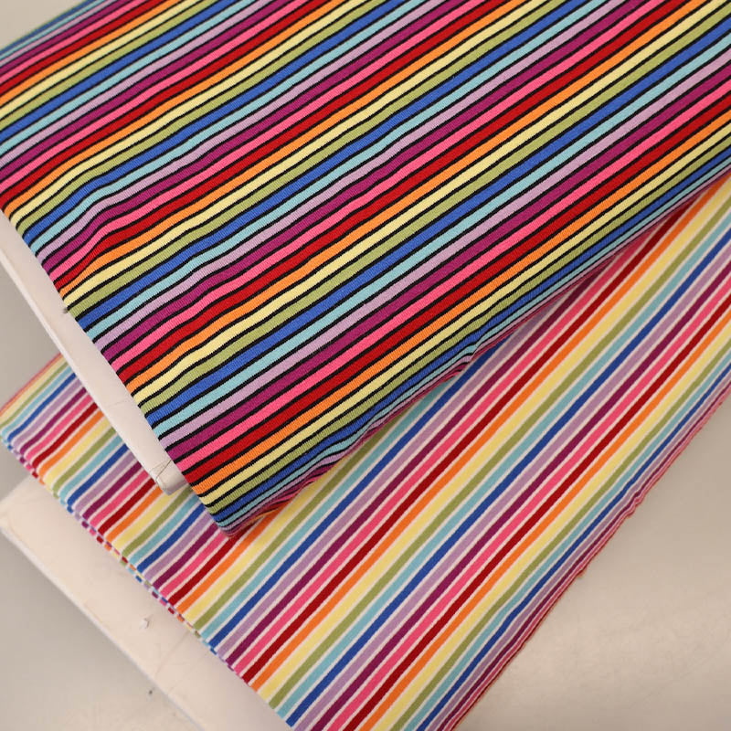 95% cotton 5% elastane Jersey Fabrics- Multi Coloured Rainbow Stripe in dark and light colours of the rainbow