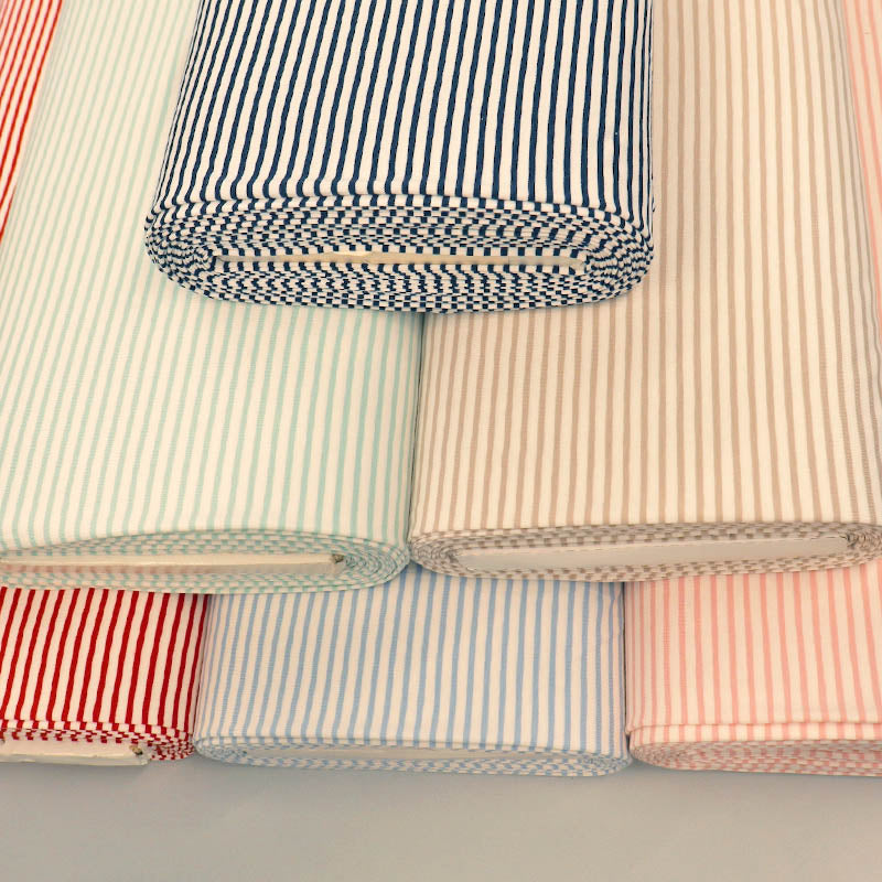 92%Cotton 8% Elastane Striped Jersey Fabrics in various colours: navy blue, pale blue, pale pink, red, green and taupe