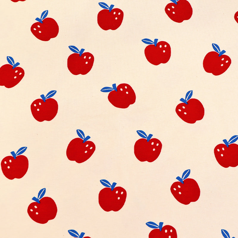 95% Organic Cotton 5% Elastane Cream Jersey Fabric - Red Apple Print