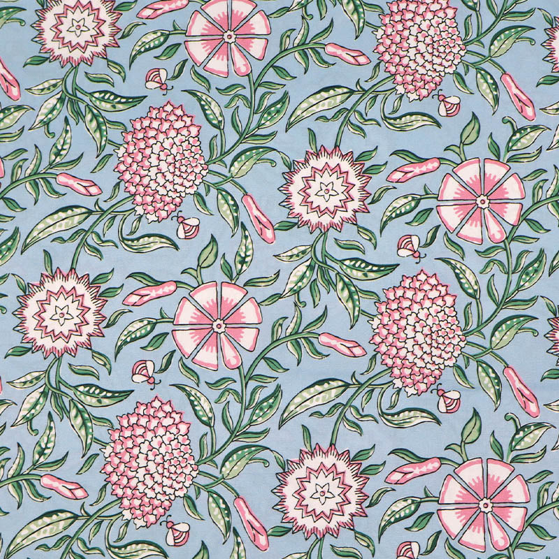 100% Cotton Poplin Fabric - Pale Pink and White Floral with Green Leaves and Bee Print on a pale blue background