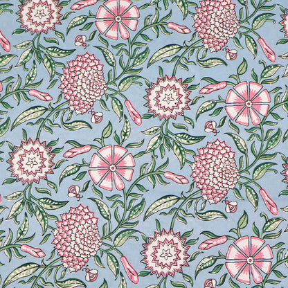 100% Cotton Poplin Fabric - Pale Pink and White Floral with Green Leaves and Bee Print on a pale blue background