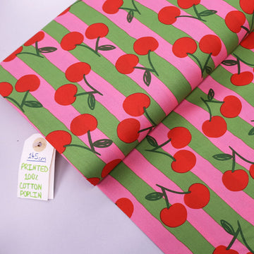 100% Cotton Poplin Fabric Cherry Print - Pink and Green
