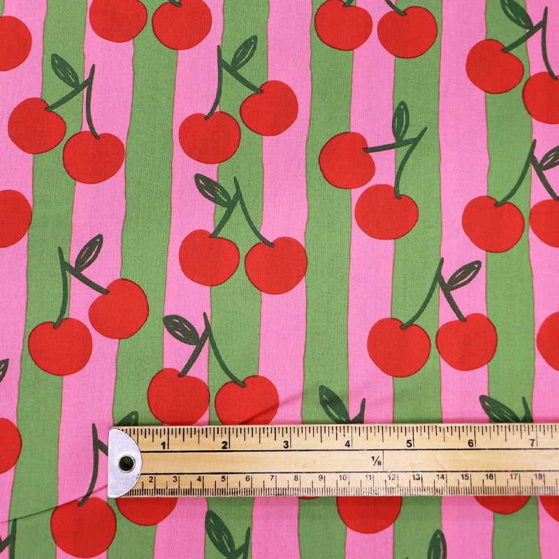 100% Cotton Poplin Fabric Cherry Print - Pink and Green