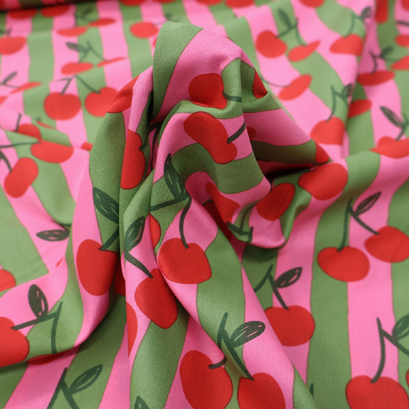 100% Cotton Poplin Fabric Cherry Print - Pink and Green