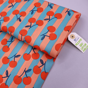 100% Cotton Poplin Fabric Cherry Print - Turquoise Blue and Orange
