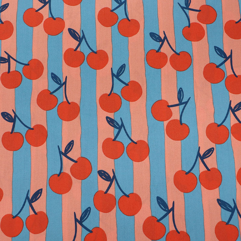 100% Cotton Poplin Fabric Cherry Print - Turquoise Blue and Orange