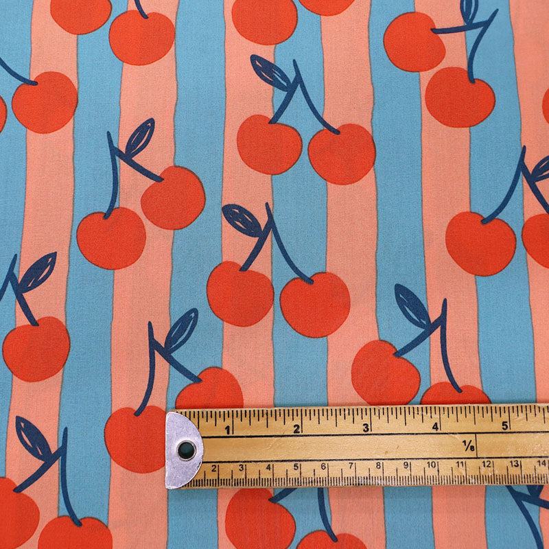 100% Cotton Poplin Fabric Cherry Print - Turquoise Blue and Orange
