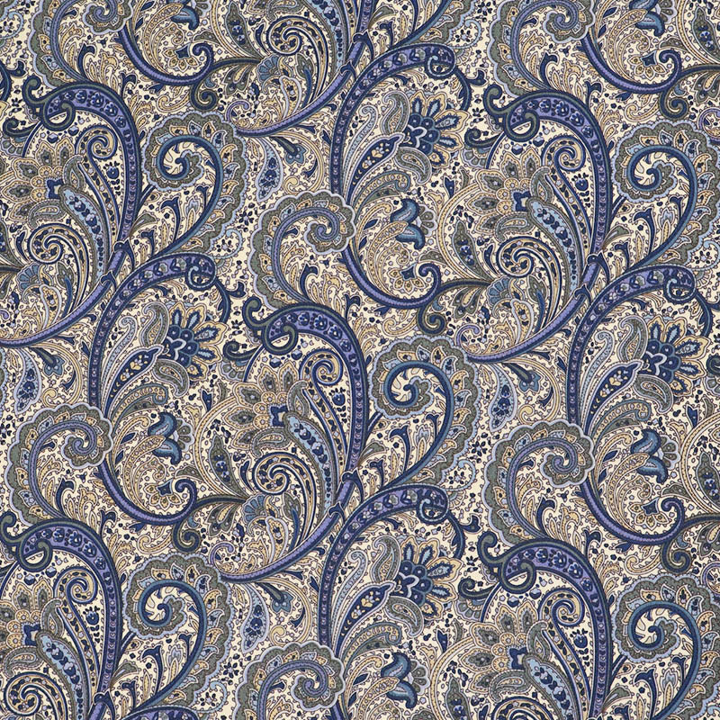 100% Cotton Poplin Paisley Fabric - Navy Blue and Beige