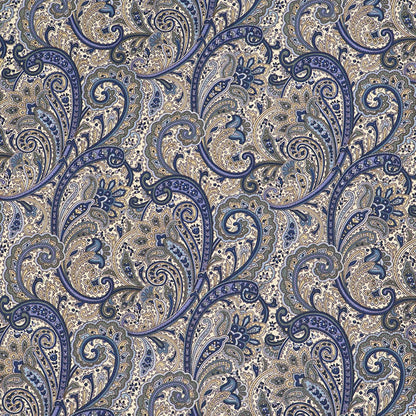 100% Cotton Poplin Paisley Fabric - Navy Blue and Beige