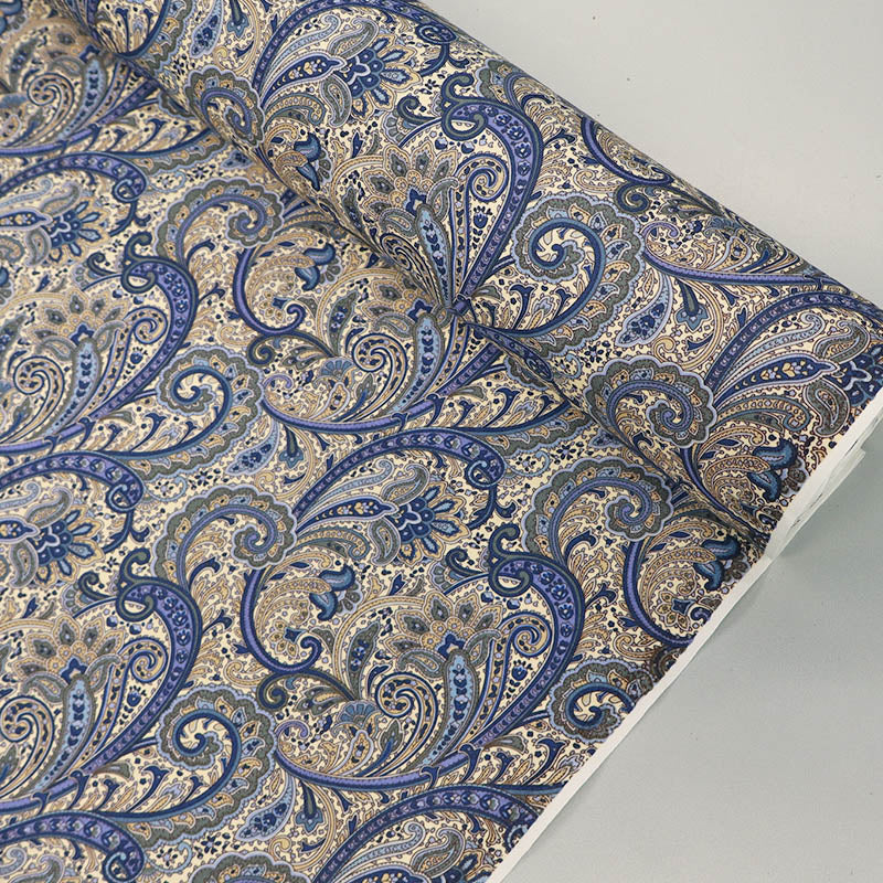100% Cotton Poplin Paisley Fabric - Navy Blue and Beige