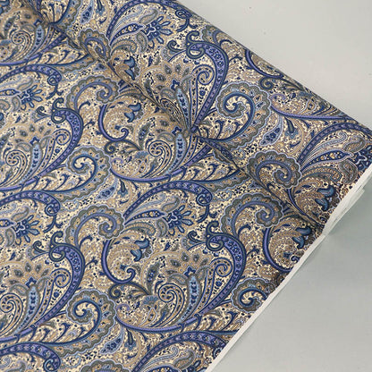 100% Cotton Poplin Paisley Fabric - Navy Blue and Beige