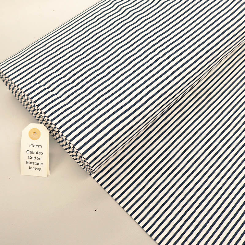 92% Cotton 8% Elastane Striped Jersey Fabric - Navy and White Mini Breton