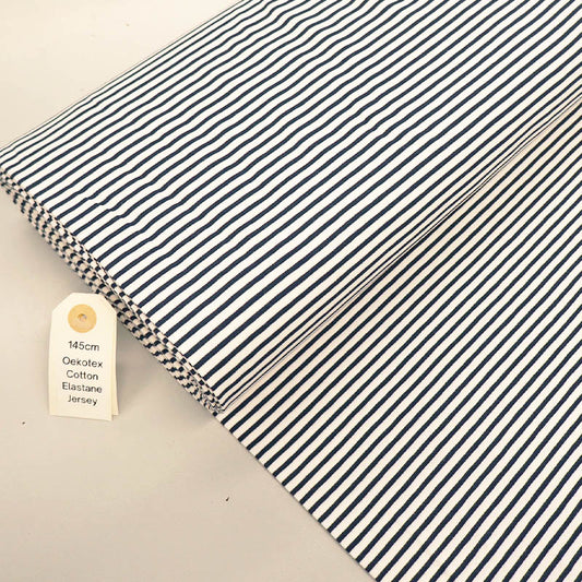 92% Cotton 8% Elastane Striped Jersey Fabric - Navy and White Mini Breton