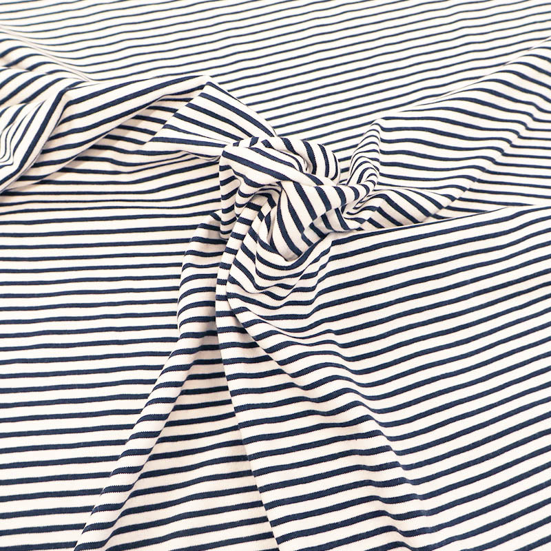 92% Cotton 8% Elastane Striped Jersey Fabric - Navy and White Mini Breton