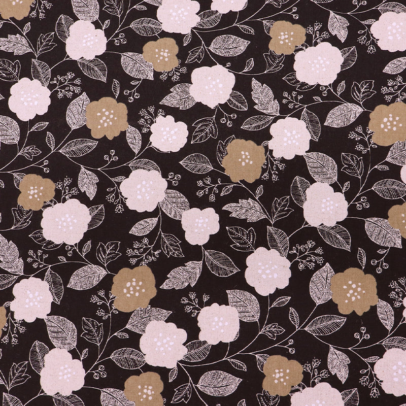 85% Cotton 15% Linen Black , Brown and Cream Floral Cotton Linen Blend Fabric by Sevenberry in Japan