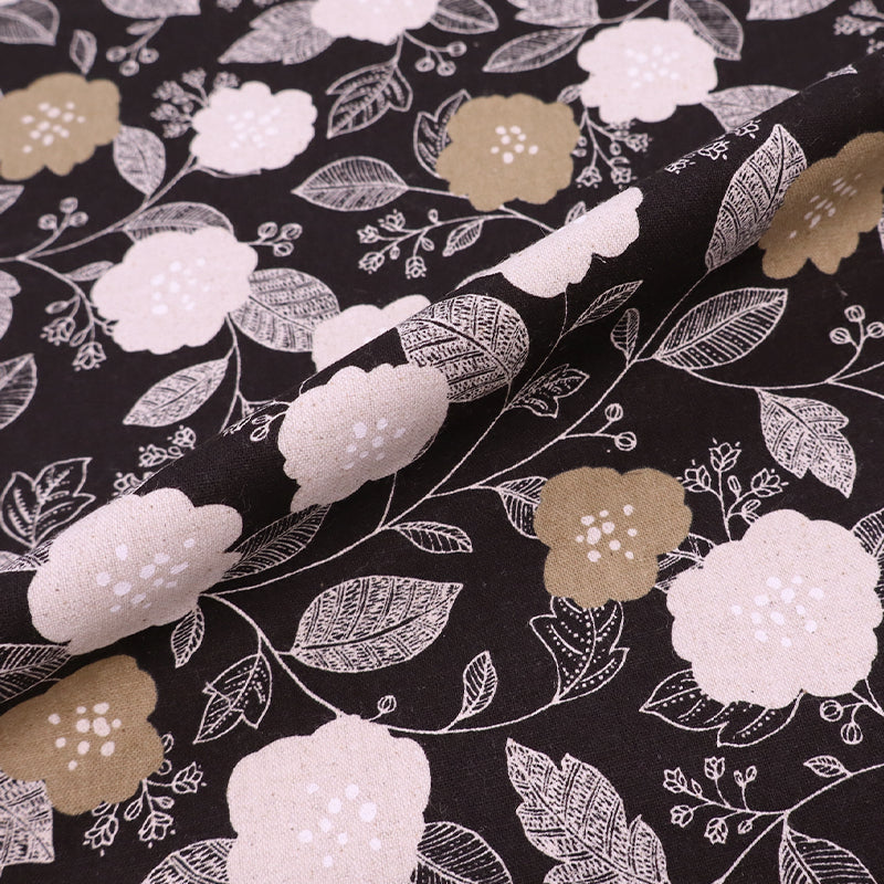 85% Cotton 15% Linen Black , Brown and Cream Floral Cotton Linen Blend Fabric by Sevenberry in Japan