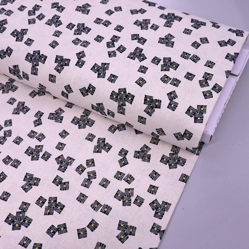 55% Linen 45% Cotton Linen and Cotton Fabric - Cream printed with black and gold square design