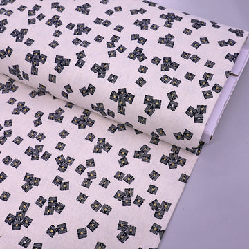 55% Linen 45% Cotton Linen and Cotton Fabric - Cream printed with black and gold square design