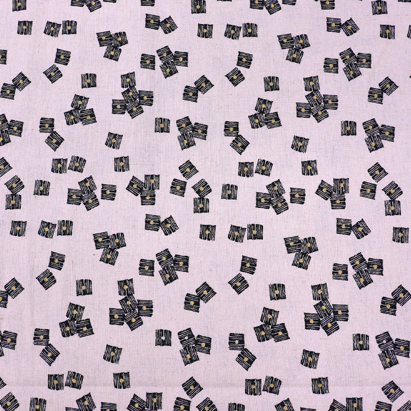 55% Linen 45% Cotton Linen and Cotton Fabric - Cream printed with black and gold square design
