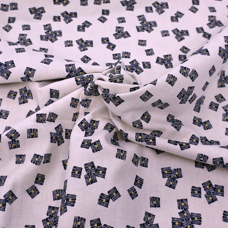 55% Linen 45% Cotton Linen and Cotton Fabric - Cream printed with black and gold square design