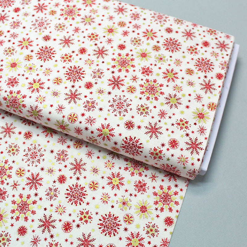 Cream Christmas cotton fabric red and Gold snowflakes