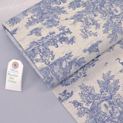 100% Cotton Toile de Jouy Fabric - Cream and Blue
