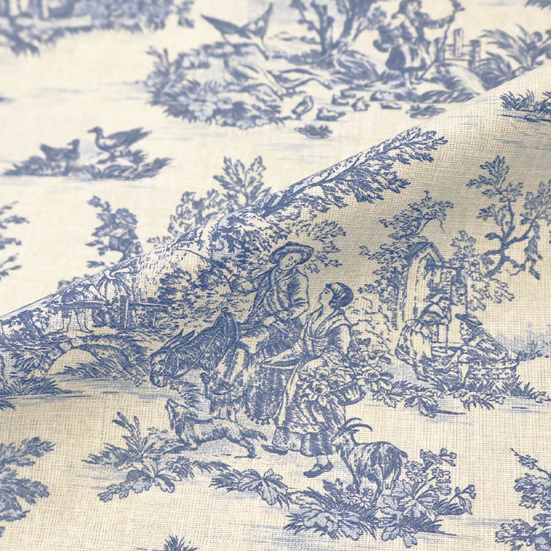 100% Cotton Toile de Jouy Fabric - Cream and Blue