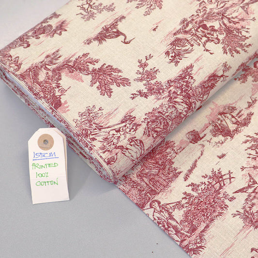 Cream Cotton - Toile de Jouy - Red