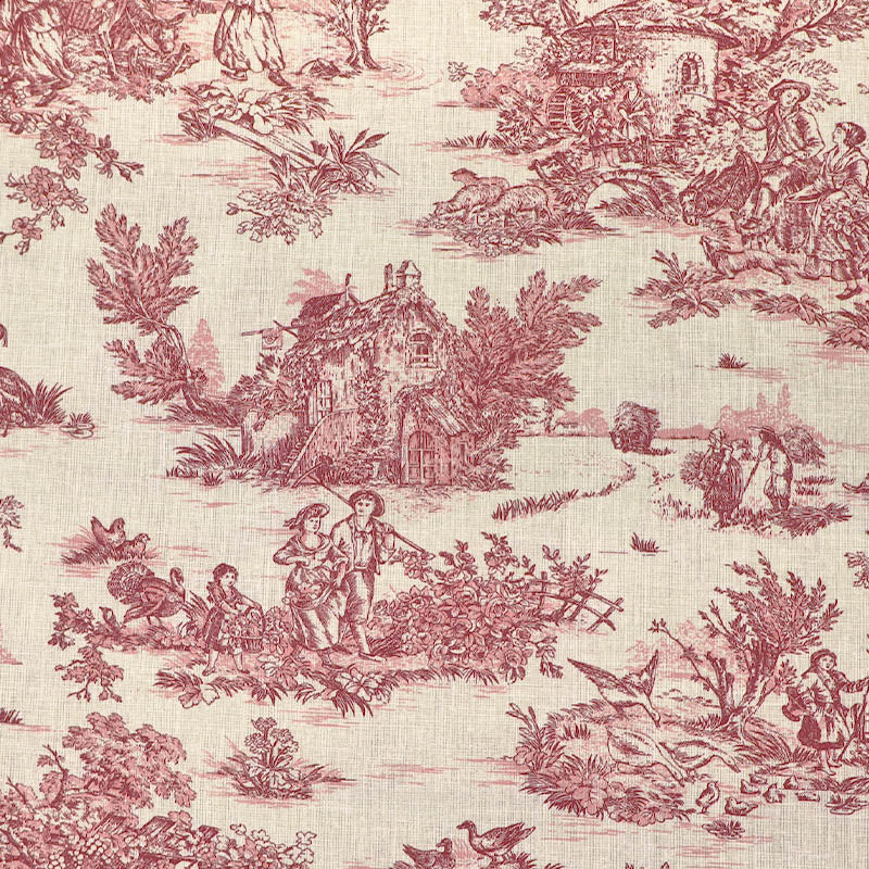 Toile de Jouy pattern fabric with vintage style red rural landscape design on a cram cotton cloth