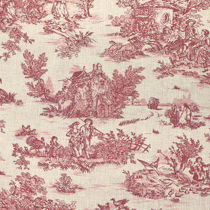 Toile de Jouy pattern fabric with vintage style red rural landscape design on a cram cotton cloth
