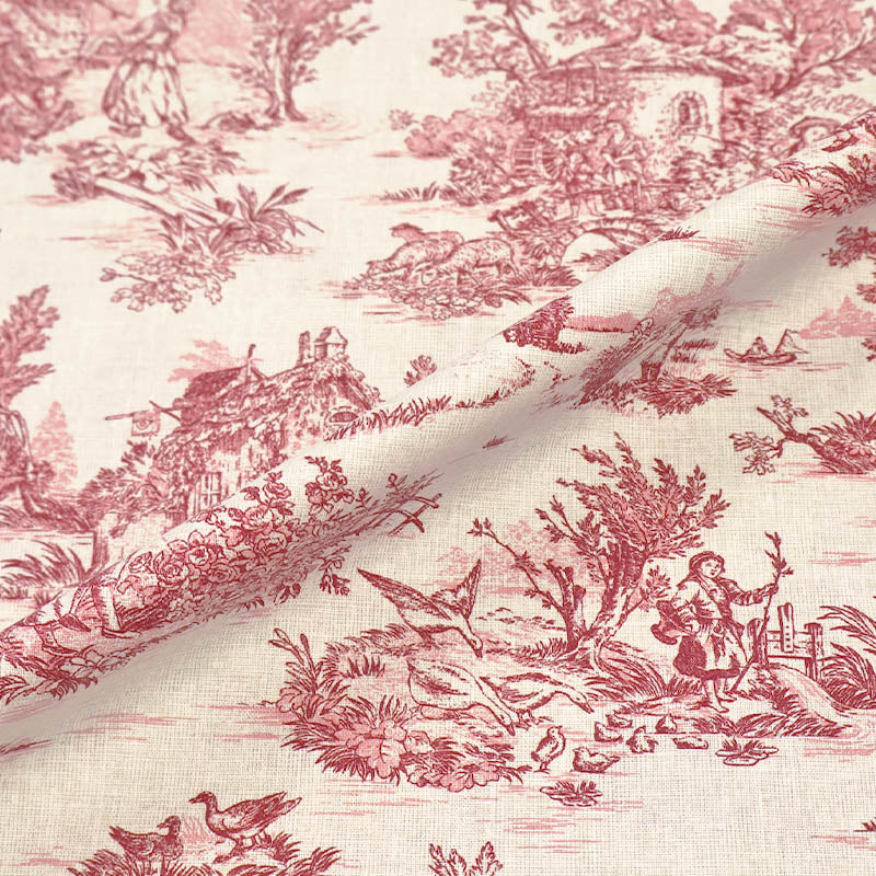 Toile de Jouy pattern fabric with vintage style red rural landscape design on a cram cotton cloth