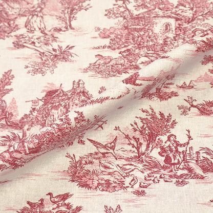Toile de Jouy pattern fabric with vintage style red rural landscape design on a cram cotton cloth