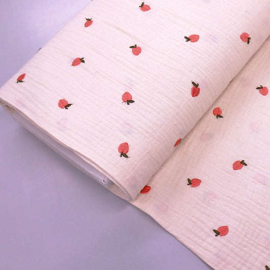 100% Cotton Cream Double Gauze Fabric - Orange Peaches embroidered