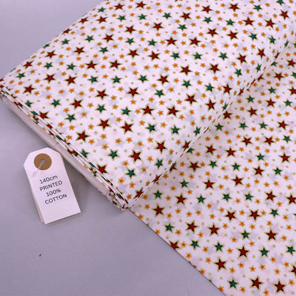 100% Cotton White Christmas Fabric - Gold metallic outlined Red and Green Stars