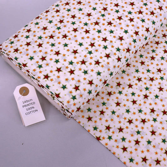 100% Cotton White Christmas Fabric - Gold metallic outlined Red and Green Stars