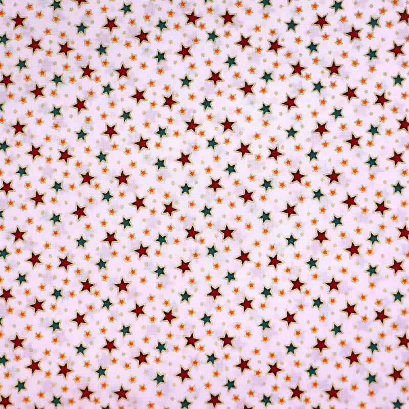 100% Cotton White Christmas Fabric - Gold metallic outlined Red and Green Stars