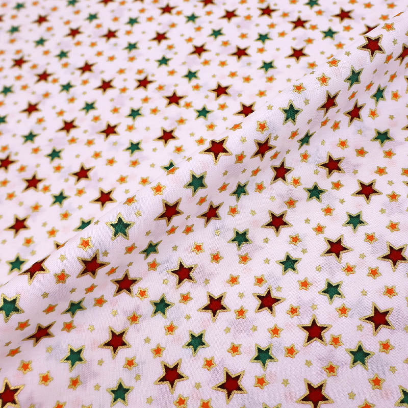 100% Cotton White Christmas Fabric - Gold metallic outlined Red and Green Stars