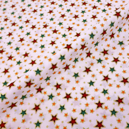 100% Cotton White Christmas Fabric - Gold metallic outlined Red and Green Stars