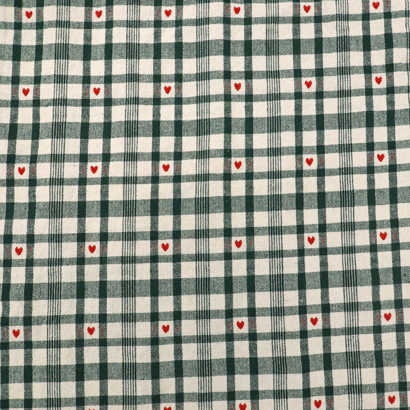 Rustic Woven Cotton - Cream and Green Gingham with Red Hearts