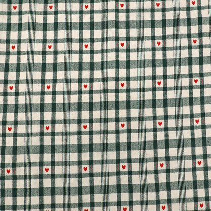 Rustic Woven Cotton - Cream and Green Gingham with Red Hearts