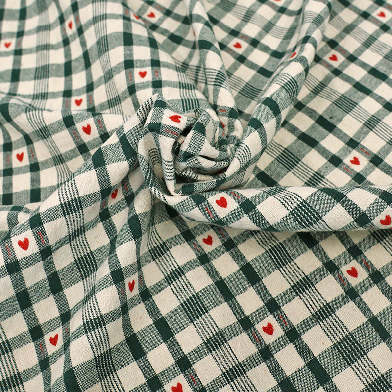 Rustic Woven Cotton - Cream and Green Gingham with Red Hearts