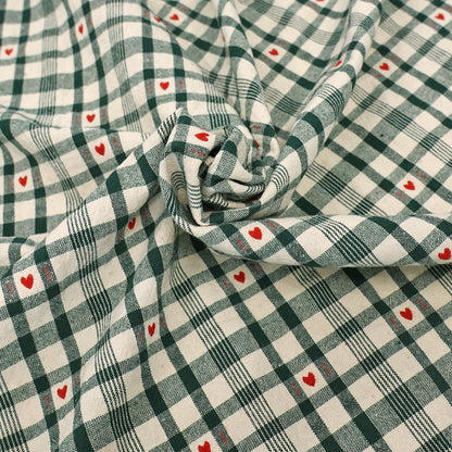 Rustic Woven Cotton - Cream and Green Gingham with Red Hearts