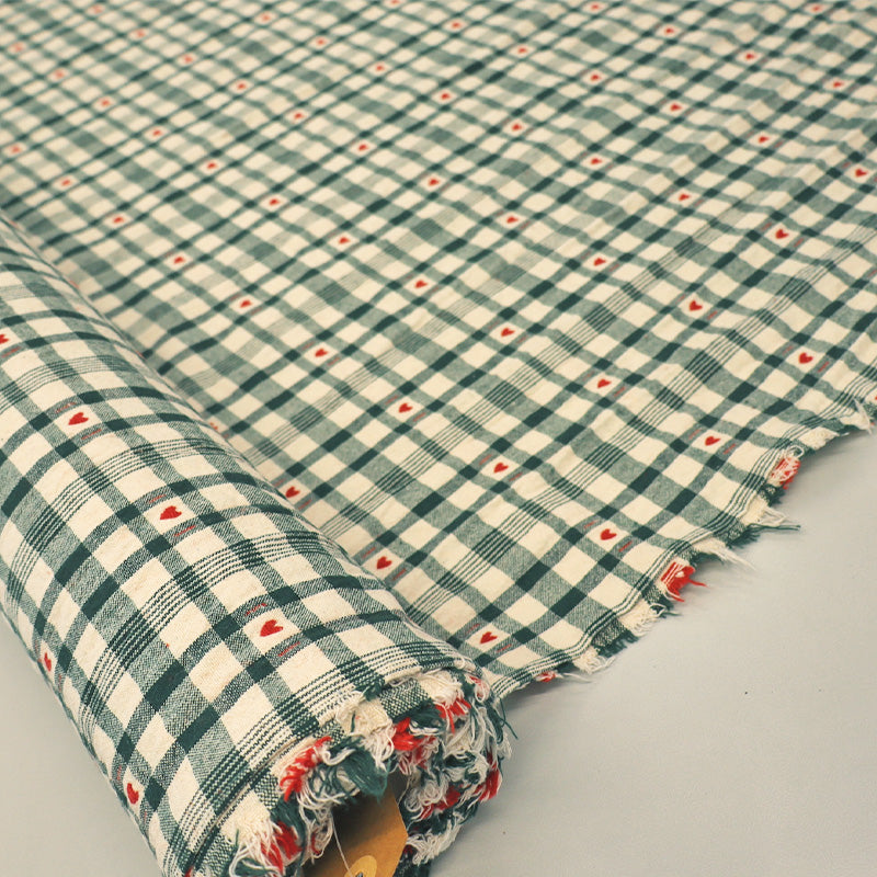 Rustic Woven Cotton - Cream and Green Gingham with Red Hearts