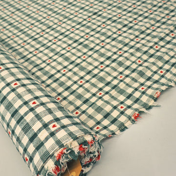 100% Cotton Cream and Green Gingham Fabric with embroidered Red Hearts